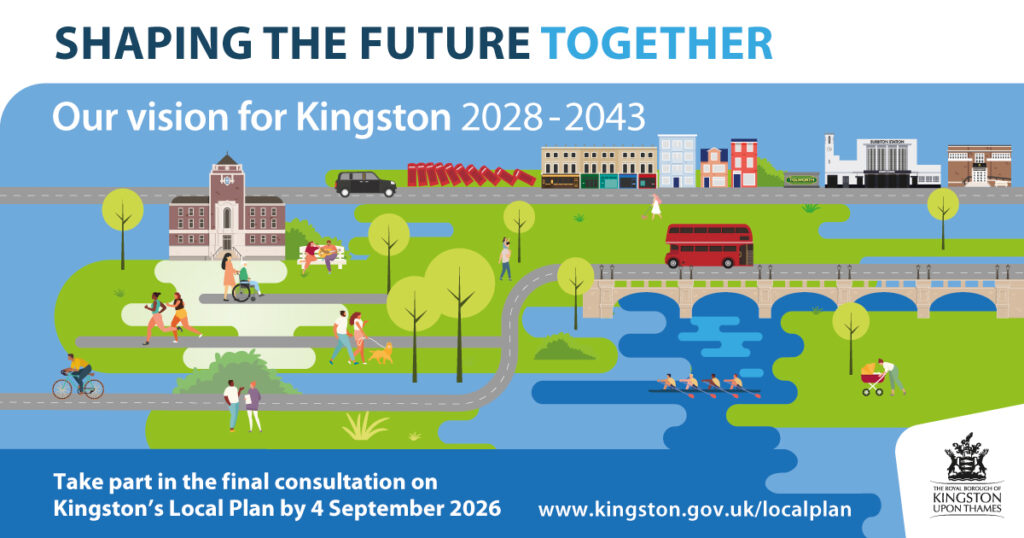 A graphic for the Local Plan. Text at the top reads 'Shaping the future together', followed underneath by 'Our vision for Kingston 2028-2043. There is a stylised image depicting parts of Kingston, including the riverside and iconic post boxes.